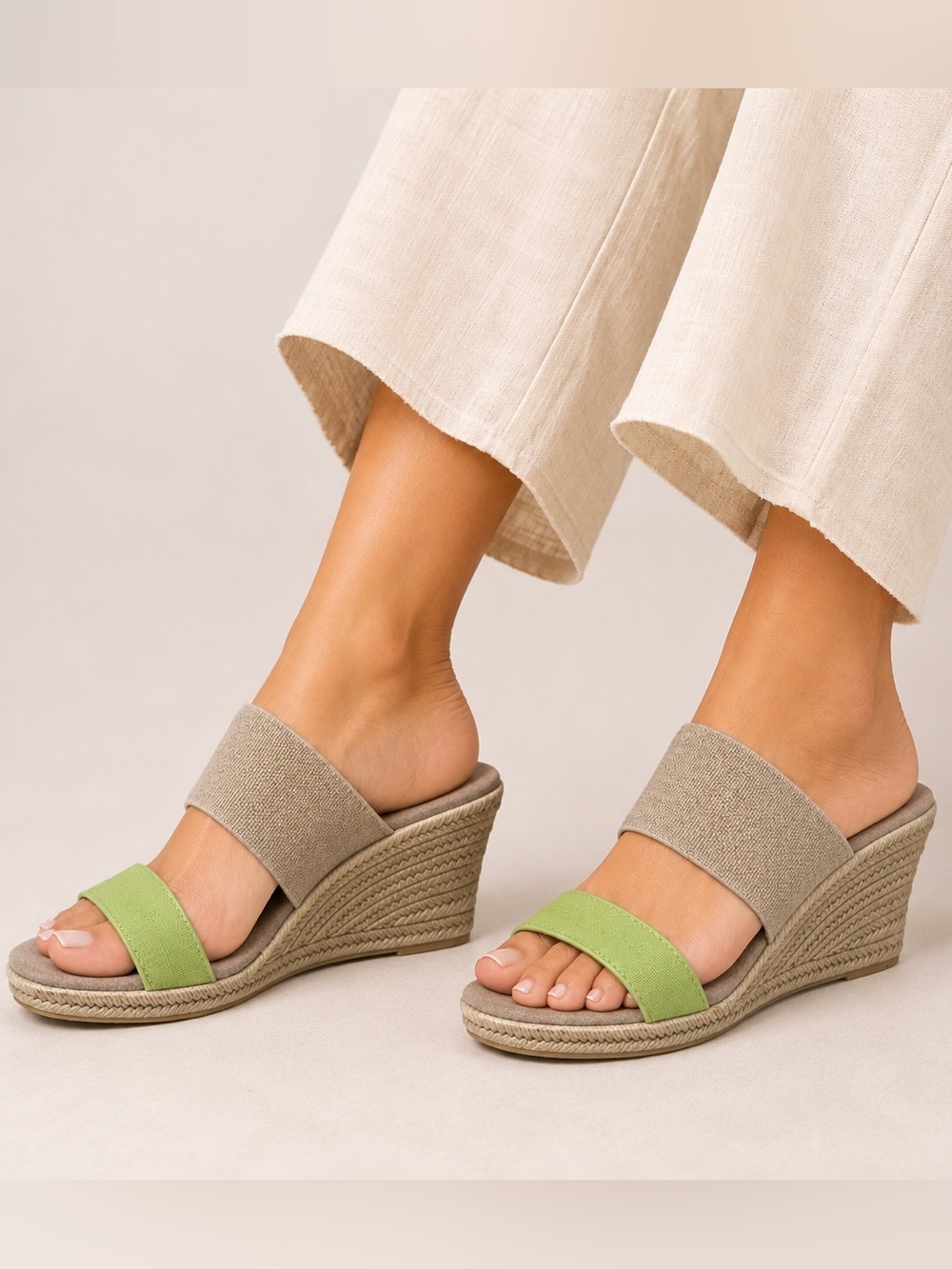 San Miguel Shoes Mexico Wedge Sandals Lime Green Beige Elastic Slides US 7 NWOB